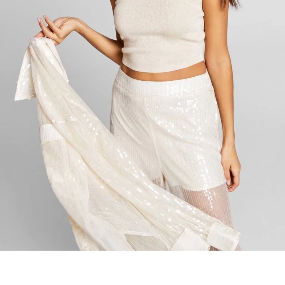 Jeannie Mai Inc Womens Sheer Sequin Shirt Beige— oversized